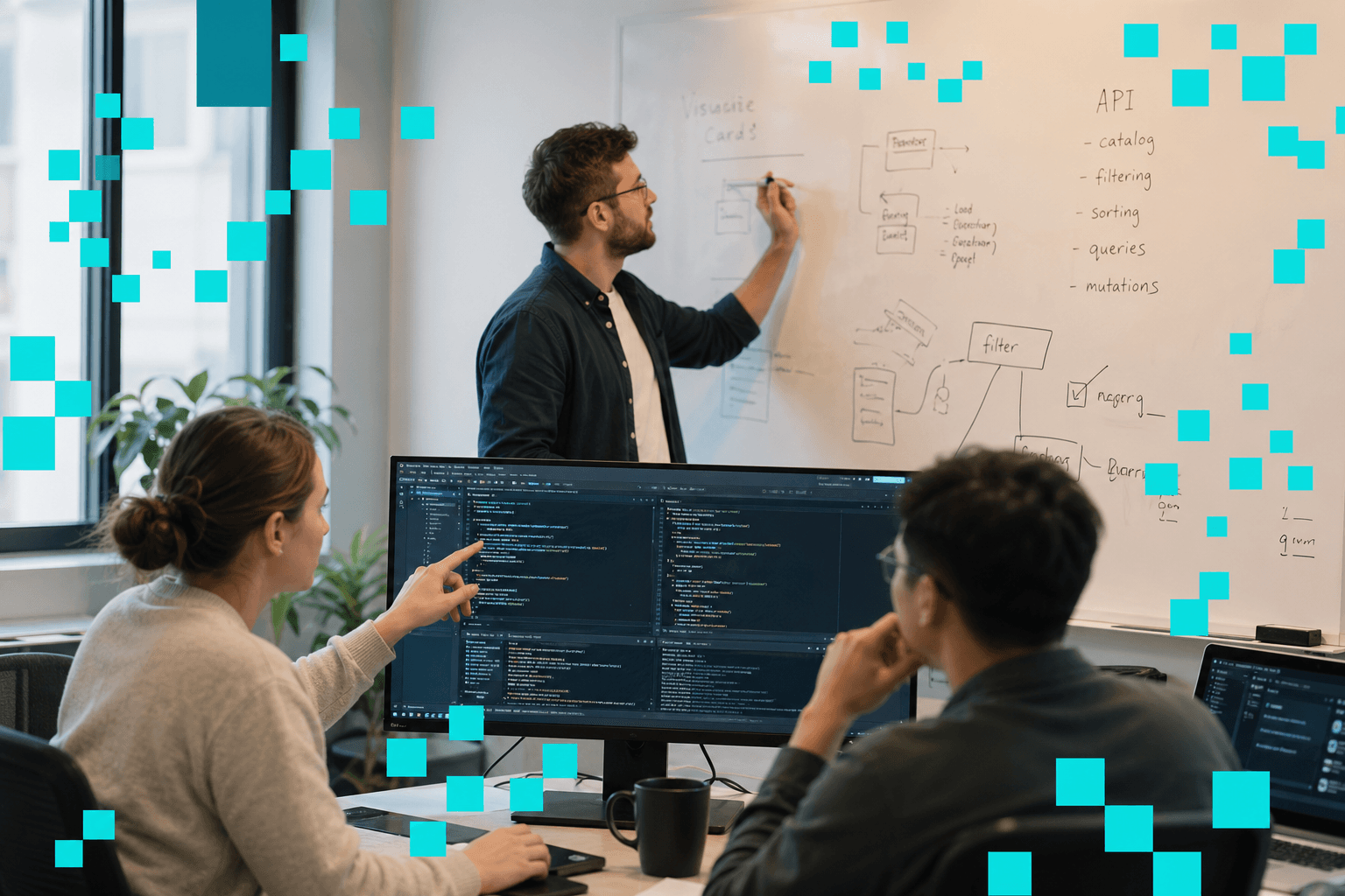 A small team in collaborative work mode: pair programming, whiteboard sketching, real building energy.