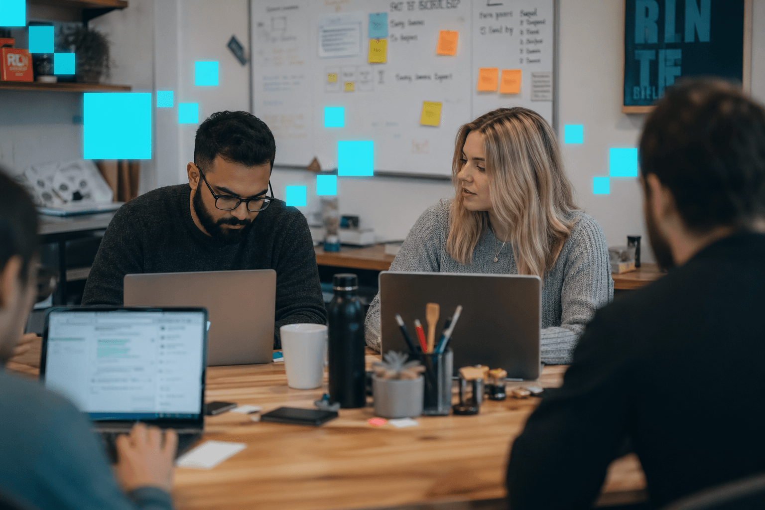 A small team in candid mid-work with laptops, sticky notes, and a whiteboard in a real corporate setting.
