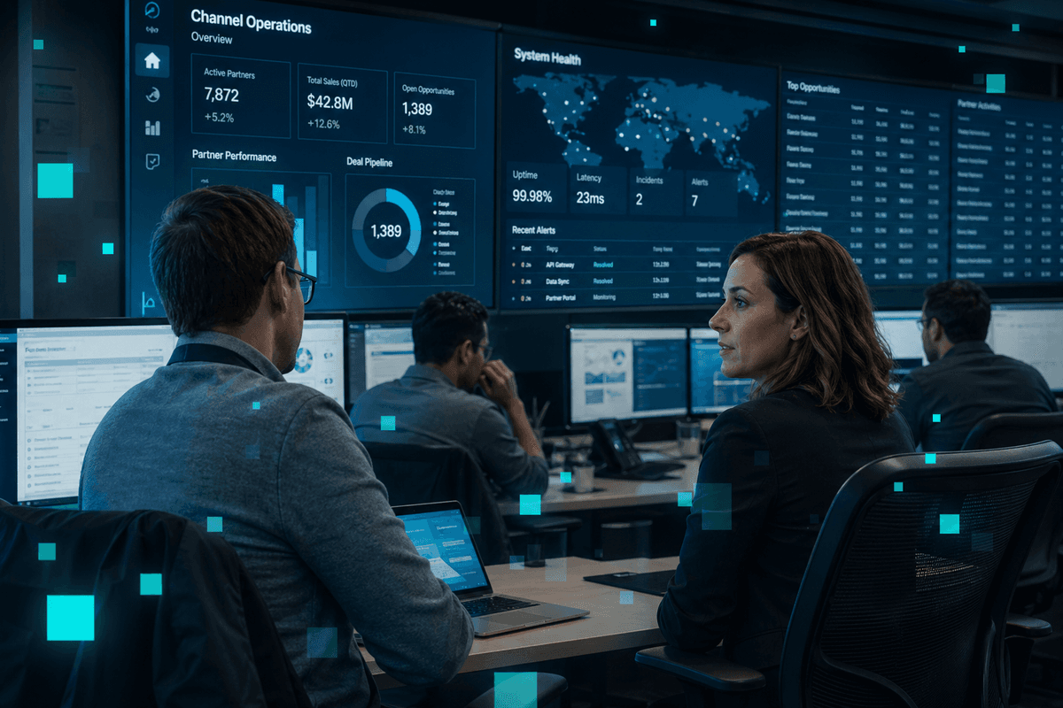 An IT channel operations team in a real corporate environment with multiple displays showing operations data.