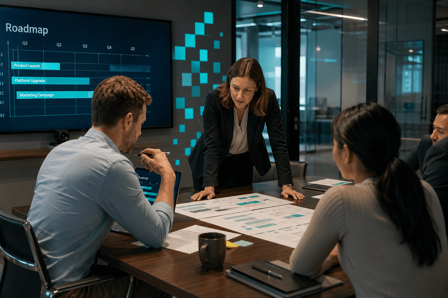 Editorial scene of leadership reviewing strategic documents at a conference table in a real corporate setting.