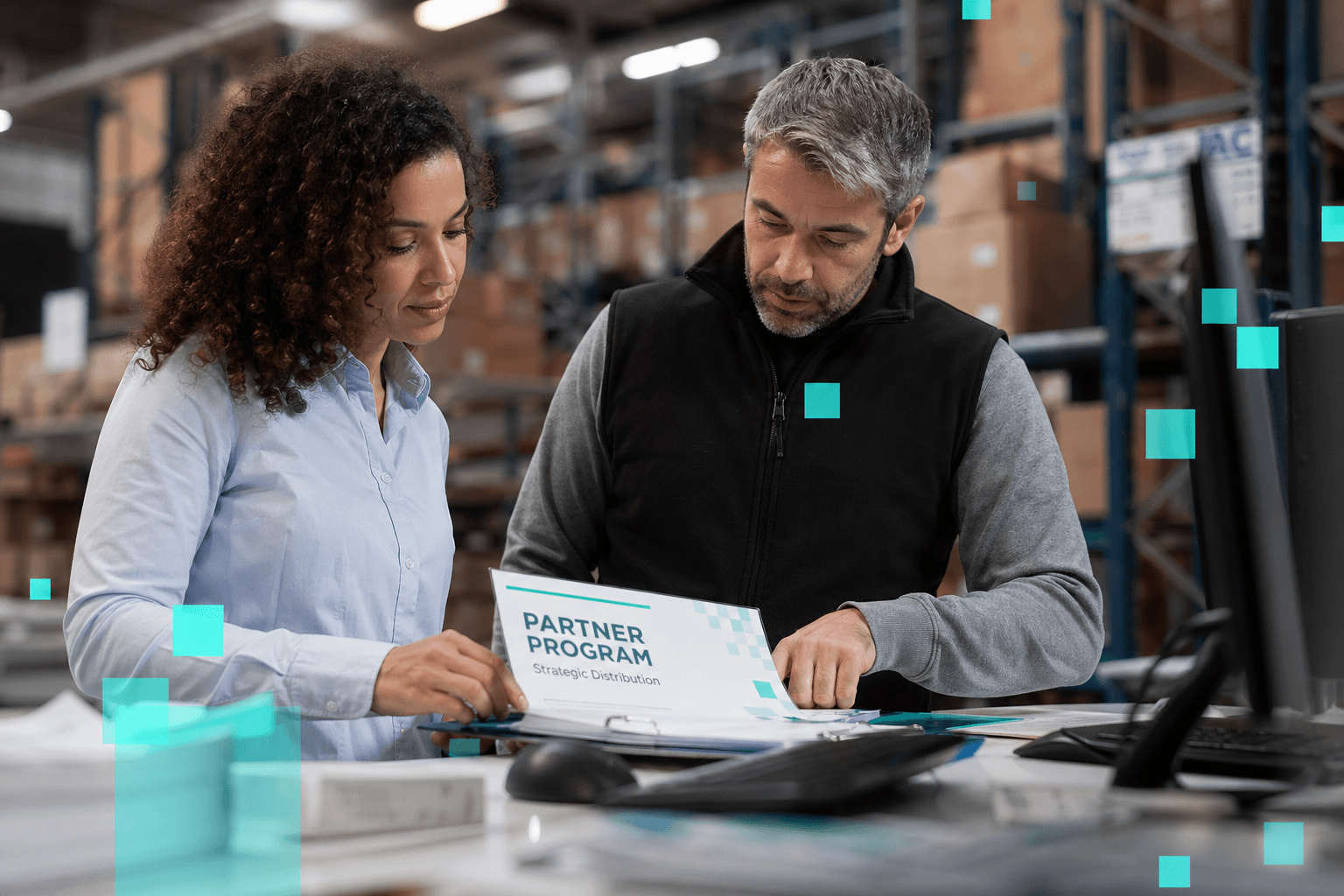 A real distribution warehouse or logistics environment with professionals reviewing partner program documentation.