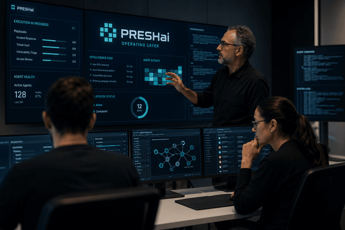 A modern PRESHai operations team working with the agent operating layer across multiple displays.