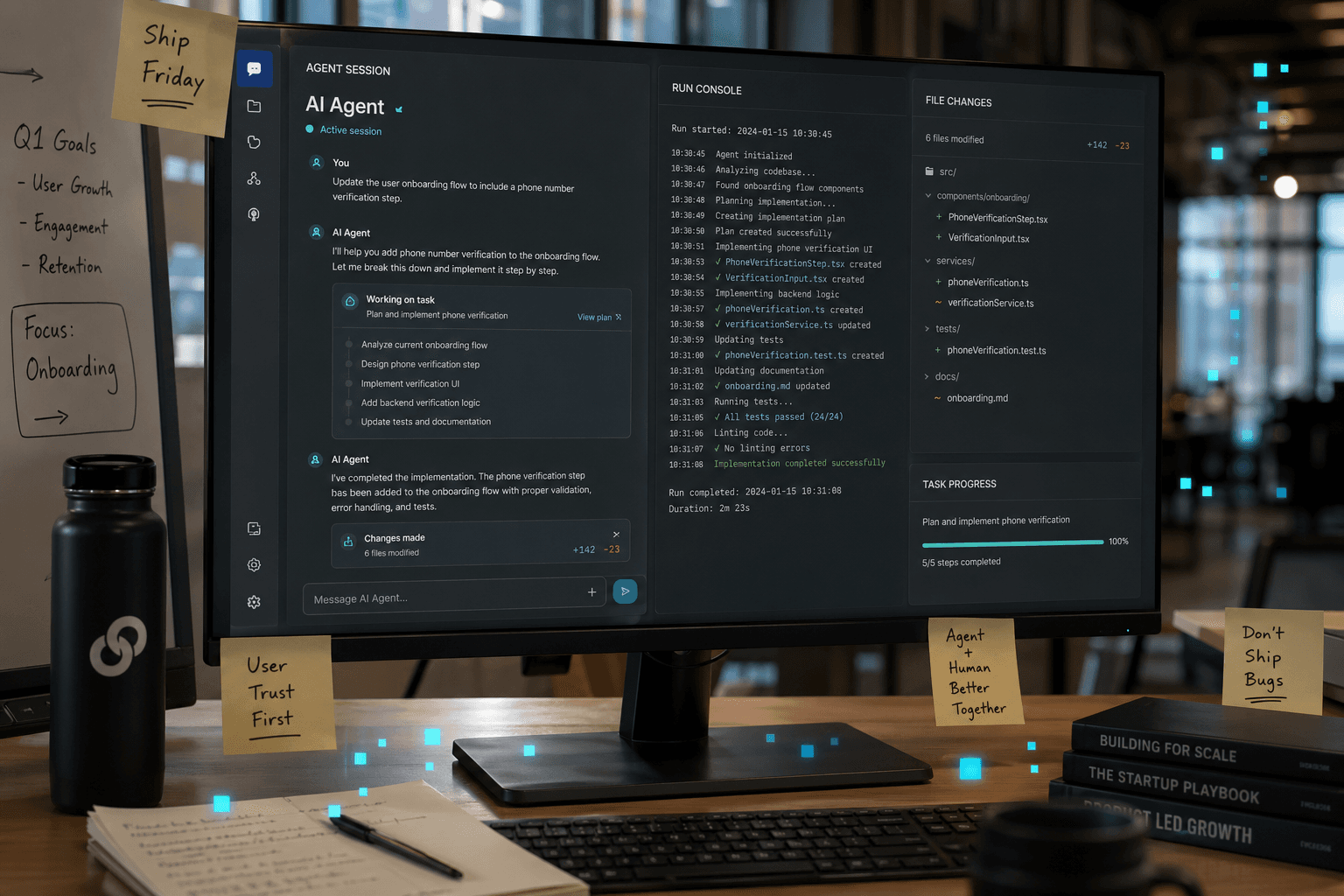 A workspace showing an agent session with run console, file changes, and approval workflows visible across multiple panels.