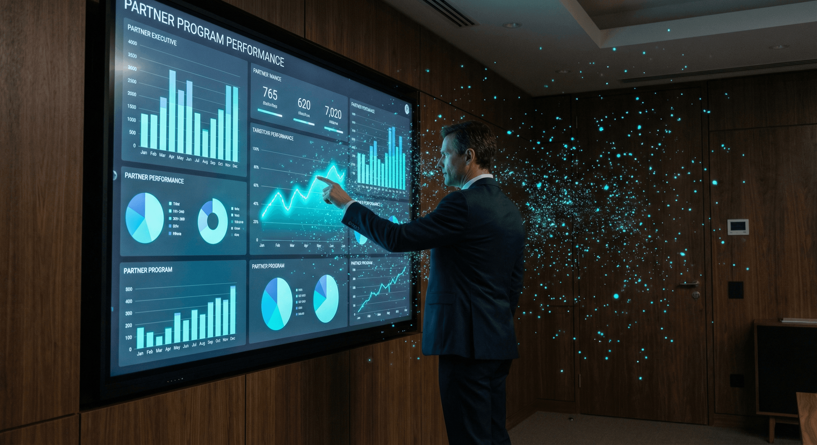 A channel professional reviewing a partner program performance dashboard on a large display, with cyan particle accents in the air.