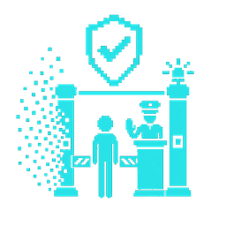 Chunky pixel-art icon of an approval gate with a checkmark inside a shield.