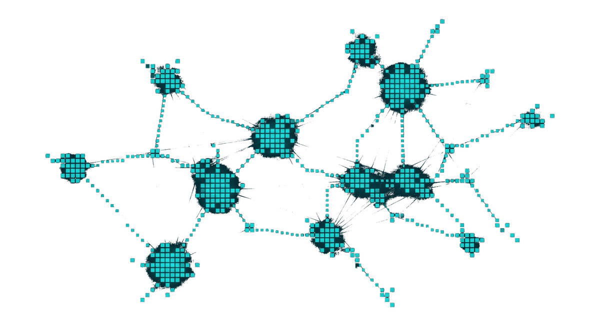 Pixel-art network pattern in cyan, evoking a multi-environment runtime mesh.
