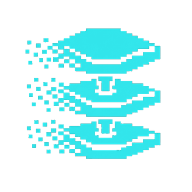 Chunky pixel-art icon of a layered operating stack with connectors between layers.