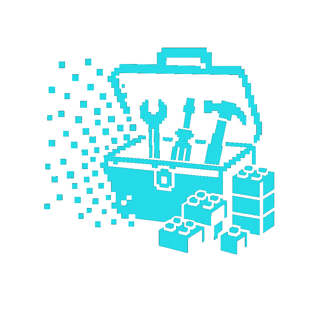 Chunky pixel-art icon of a toolbox with modular building blocks.