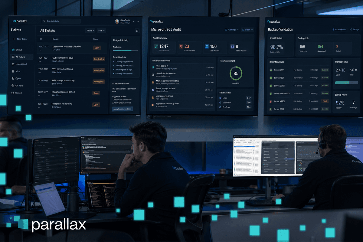 An MSP service desk environment with multiple displays showing client environment dashboards and AI agent activity.