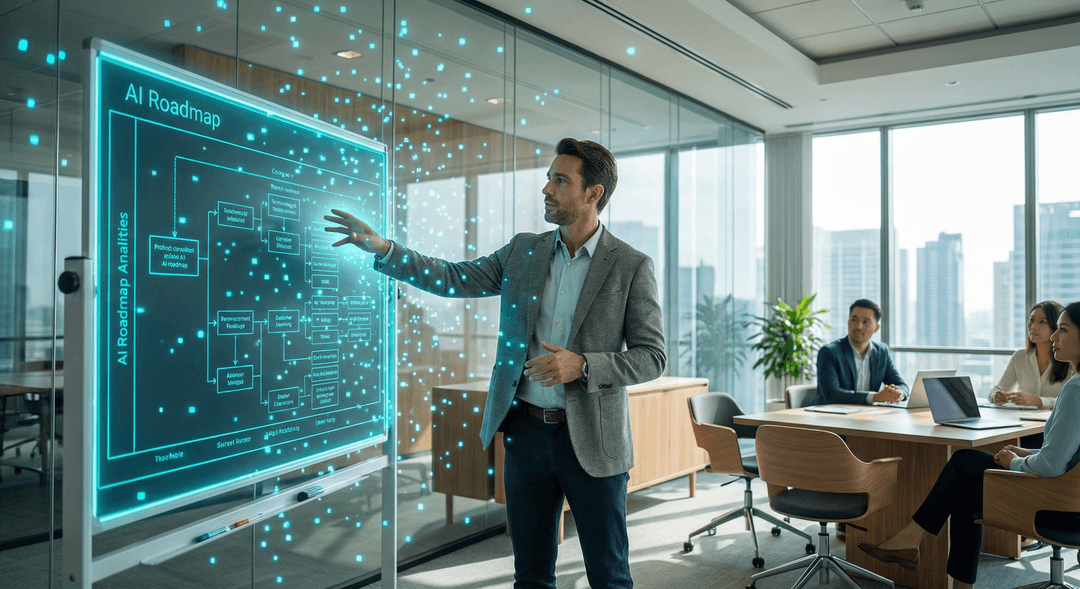 Team members reviewing an AI implementation roadmap and governance decisions on a working wall.