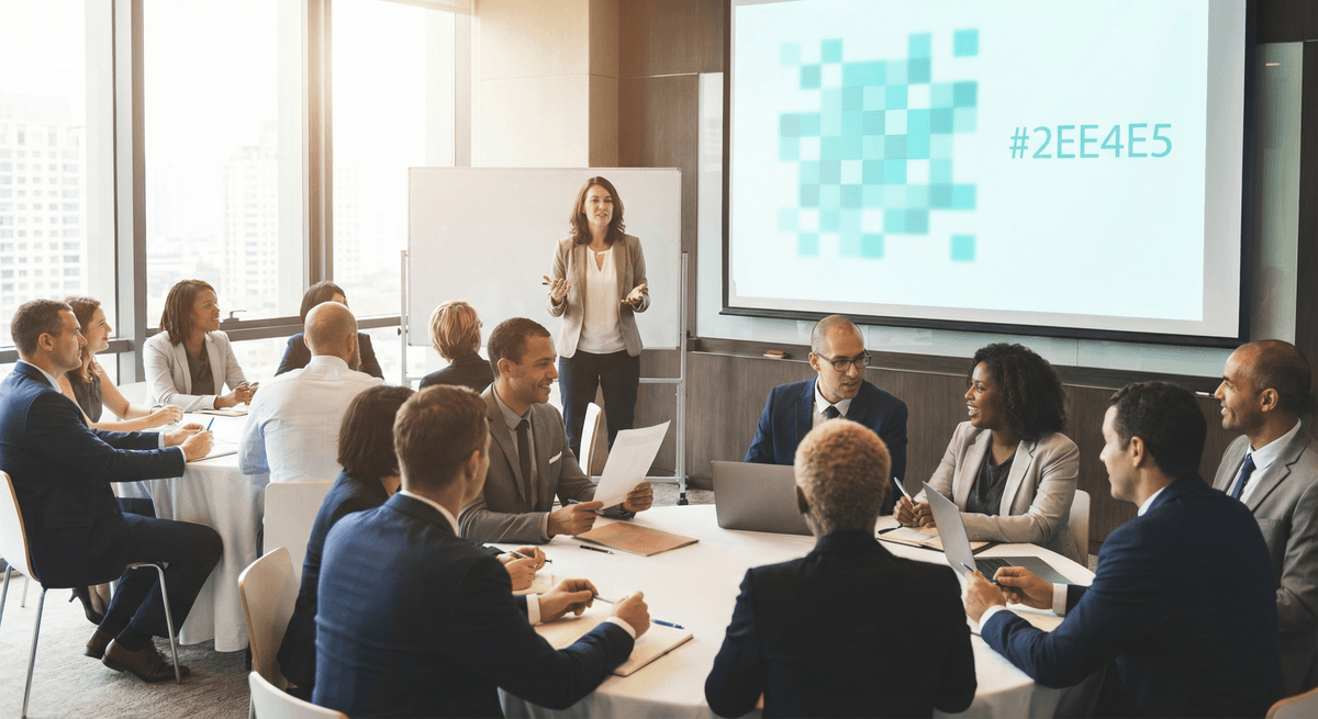 Pixel-art illustration of a team workshop with role-and-responsibility mapping for human-and-agent operations on a wall-sized board.