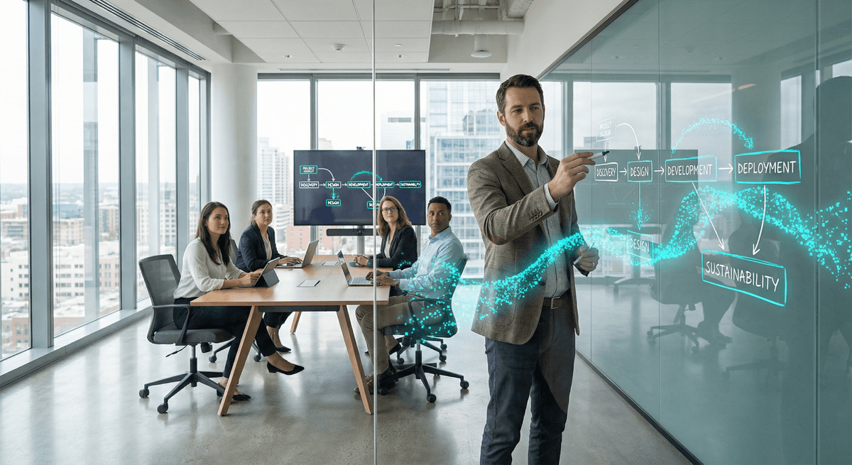 An implementation team mapping a production delivery path in a modern office.