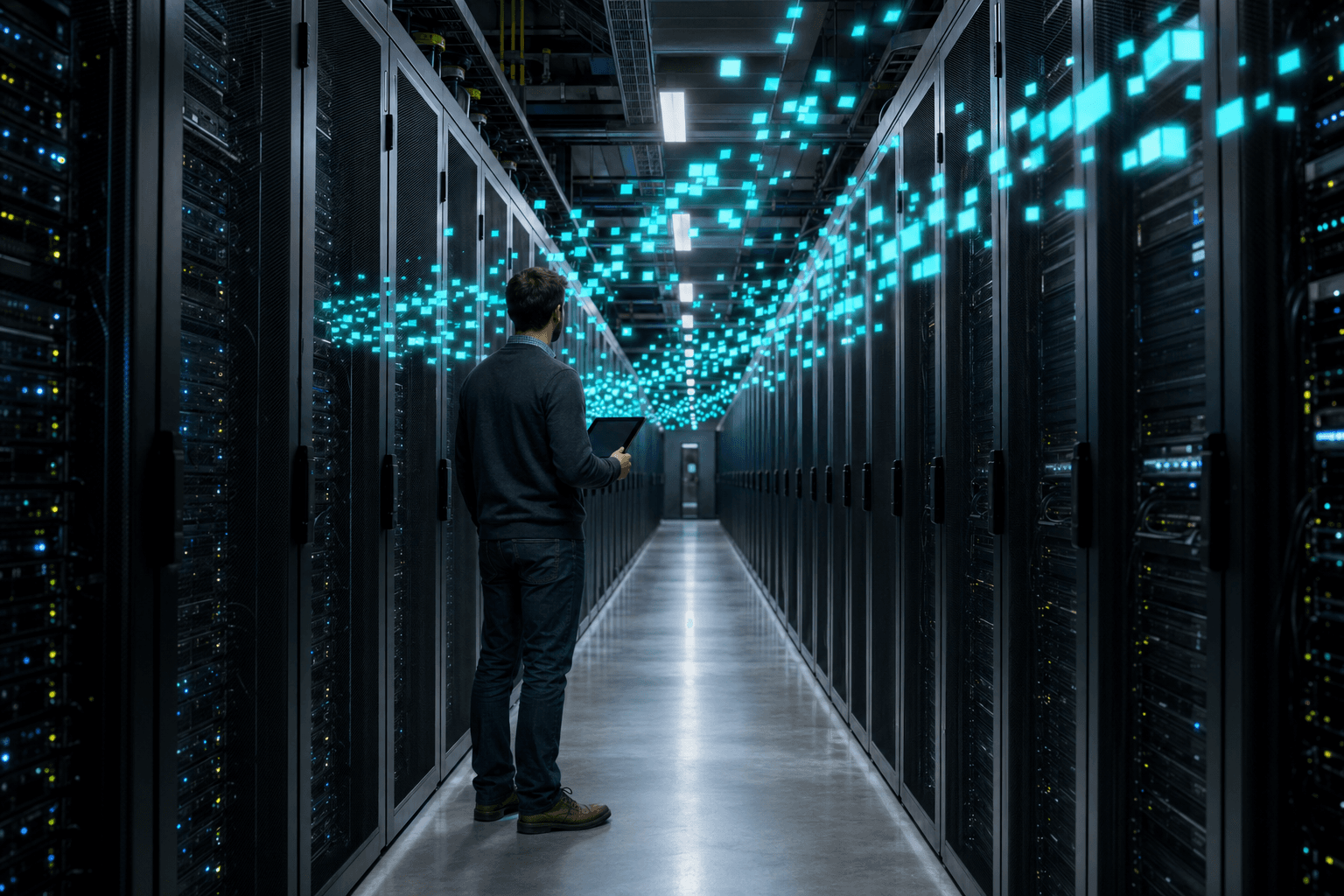 Pixel-art illustration of an agent reading from a digital twin sandbox while a human-in-the-loop gate initiates writes to the real systems of record.