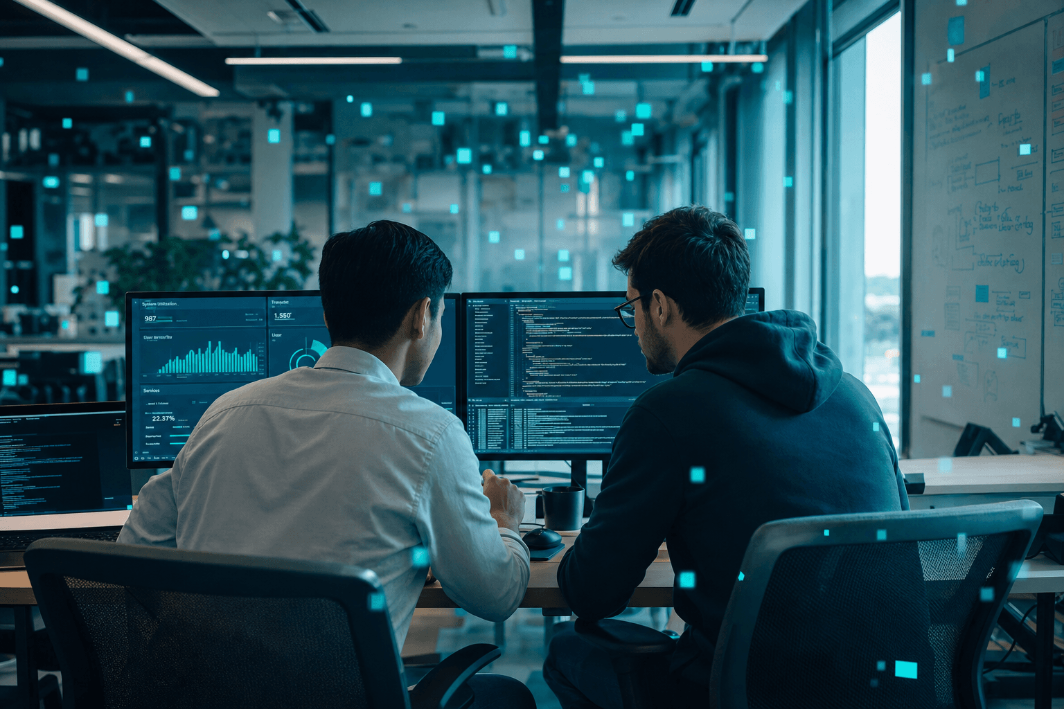 A PRESHai engineer working side-by-side with a client engineer at a shared workstation in a modern corporate technology environment, with glowing cyan-teal pixel blocks drifting through the scene.