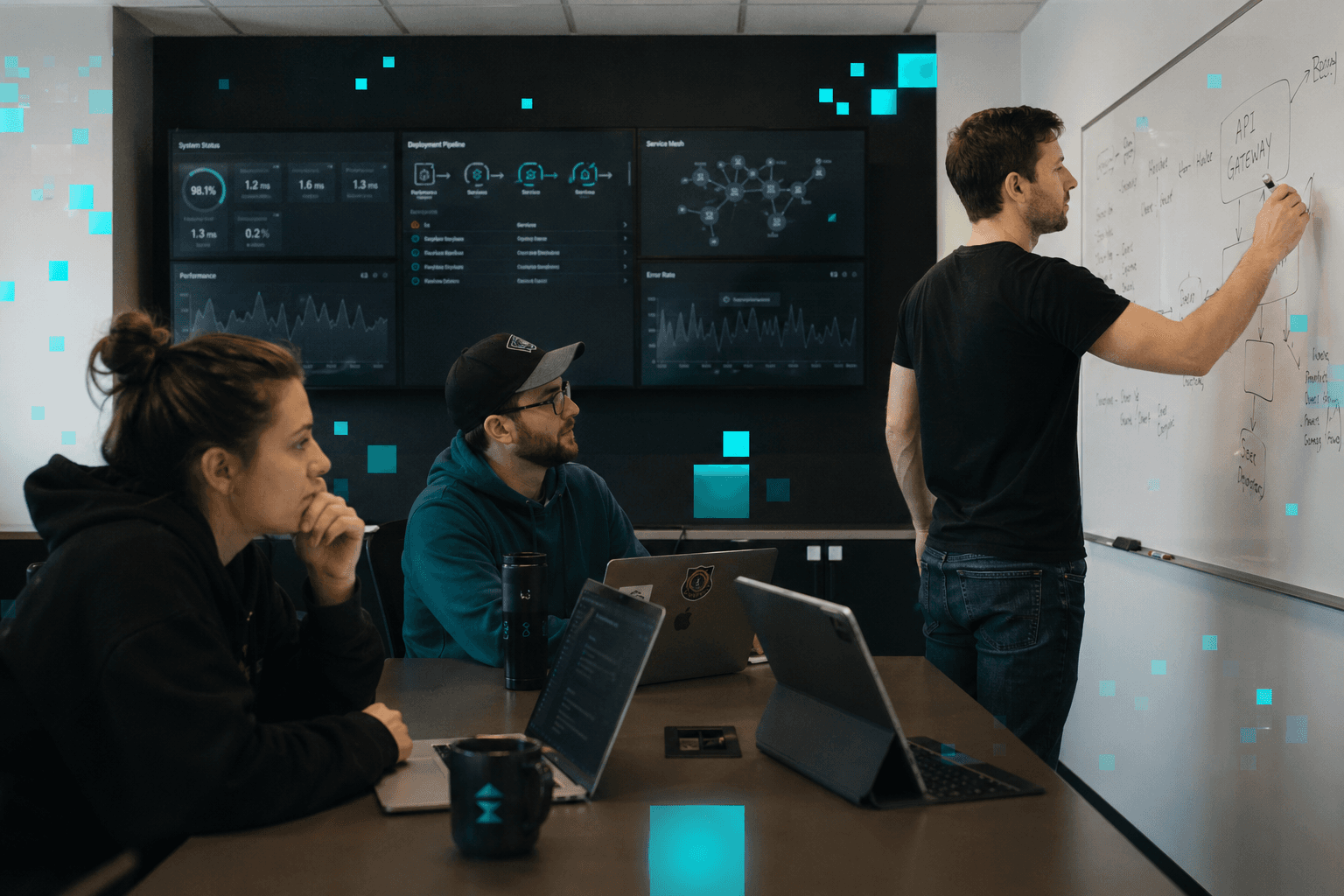 A small operations team mid-deployment with one person at whiteboard sketching workflow diagrams and others at laptops.