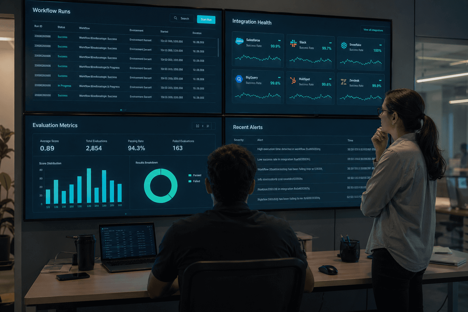 An operations team viewing process automation dashboards on multiple screens with workflow status and integration health.