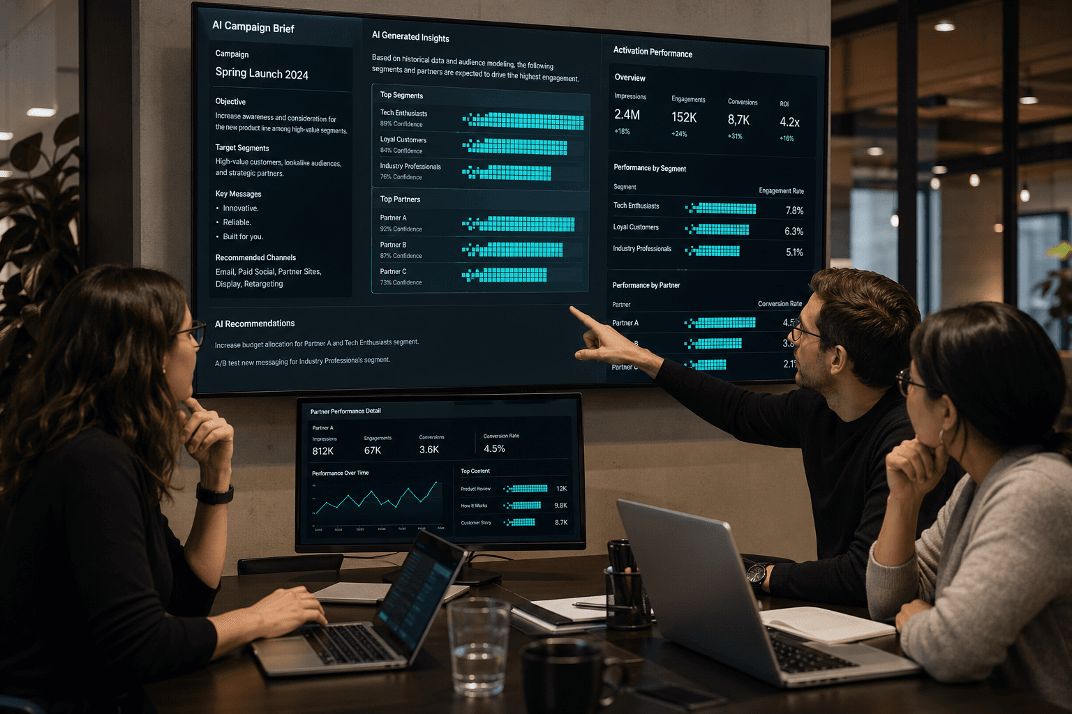A marketing operations team reviewing AI-augmented campaign briefs and partner-segmented activation data on multiple displays.