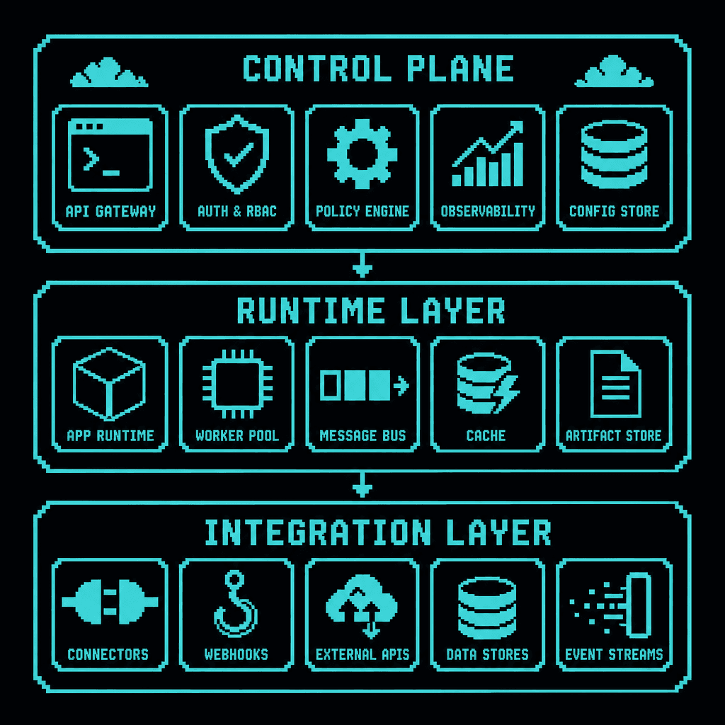 Pixel-art layered architecture diagram showing integration, runtime, and control plane layers.