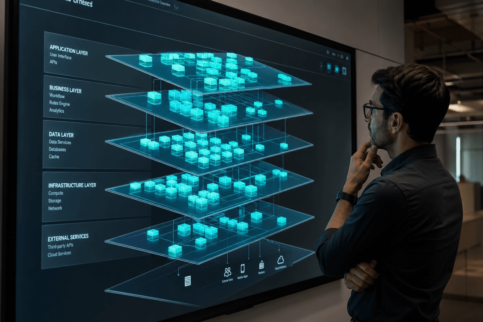 A layered technology architecture rendering on a large display with an architect reviewing it.