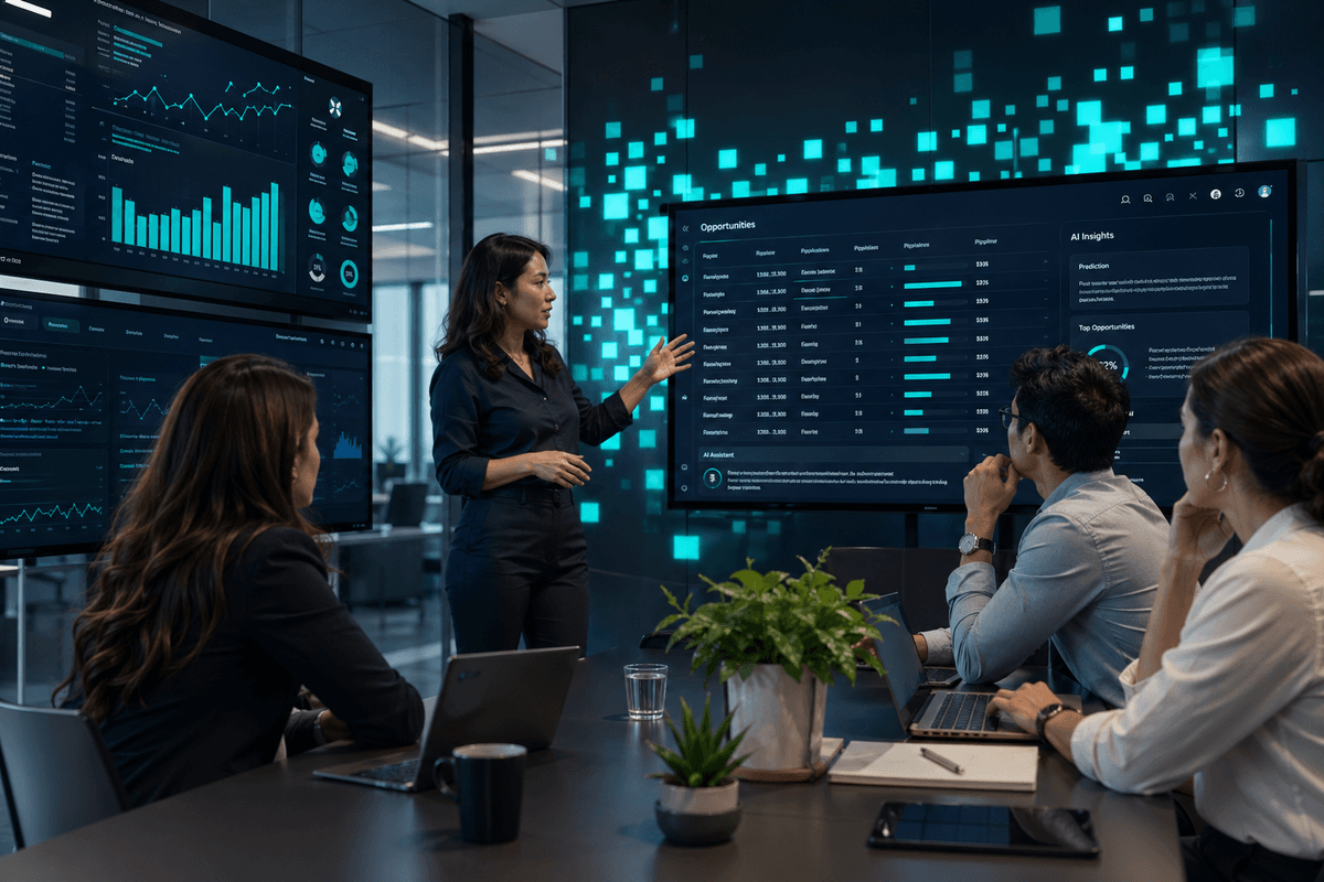 Marketing and sales team reviewing CRM data.