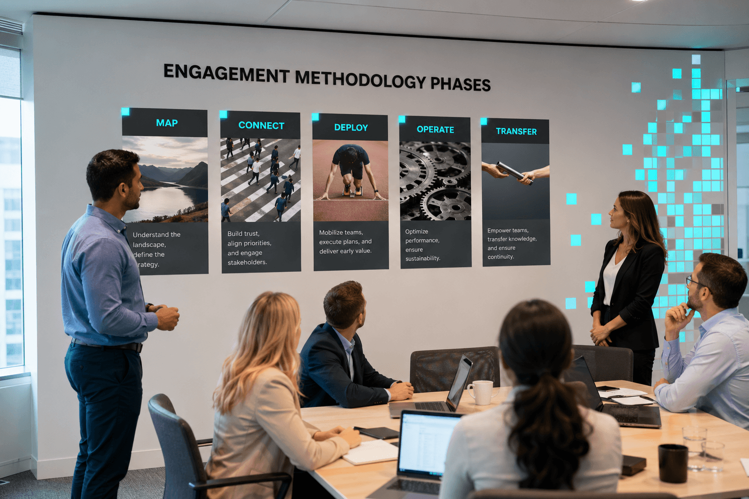 A project planning room with engagement methodology phases visible on a wall and a small team reviewing them.