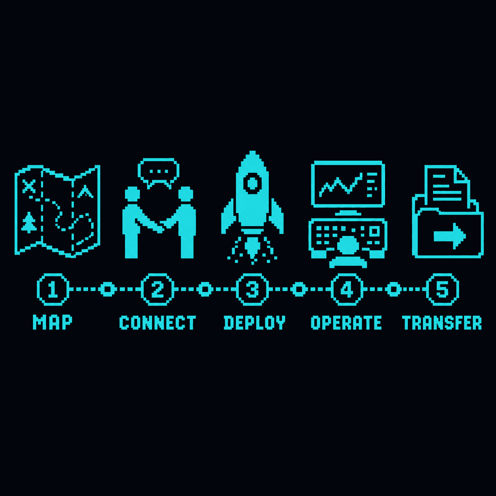 Pixel-art horizontal flow showing five engagement phases.