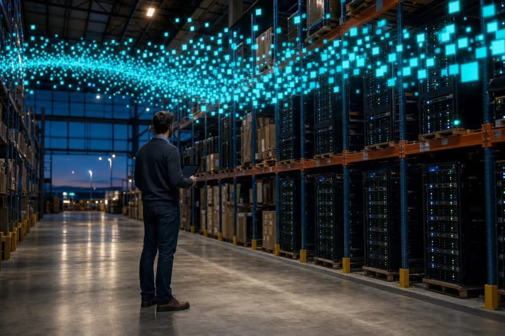 An operations lead reviews a tablet in a distribution warehouse as cyan data streams above the storage racks.