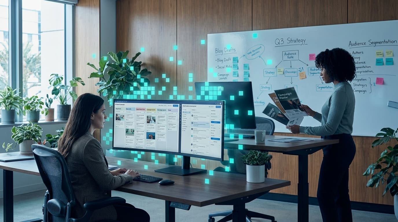 A marketing operator producing brand work at a modern creative workstation.