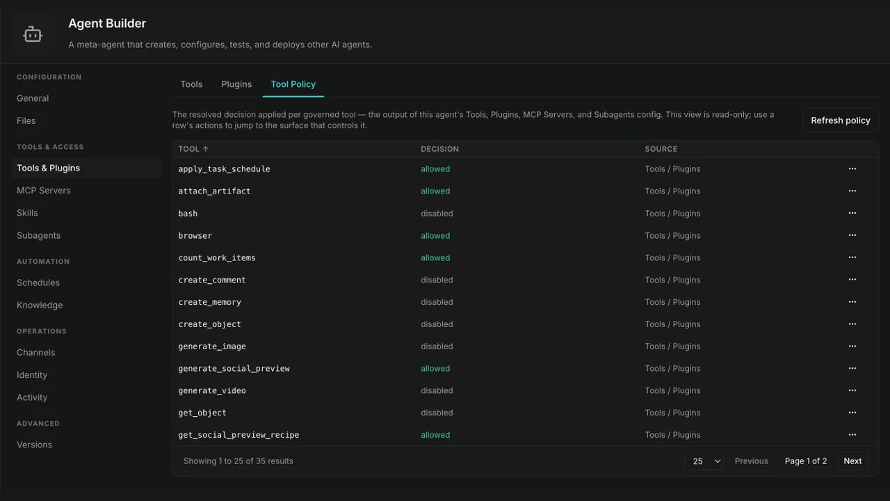 PRESHos governed tool policy showing which capabilities an agent is allowed to use and which remain disabled.