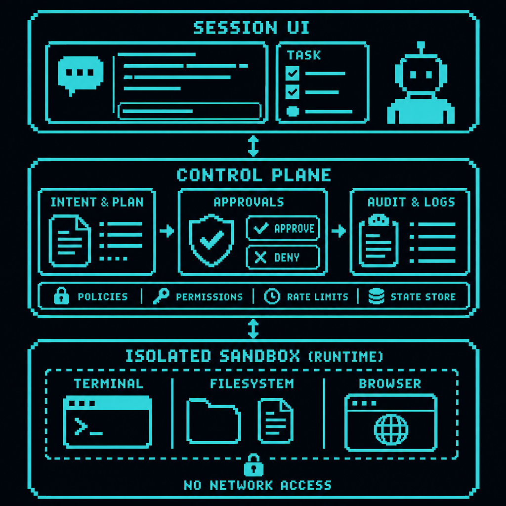 Pixel-art runtime diagram showing how a single agent task moves through PRESHos: session UI, control plane, isolated sandbox runtime, and approval and logging layers.