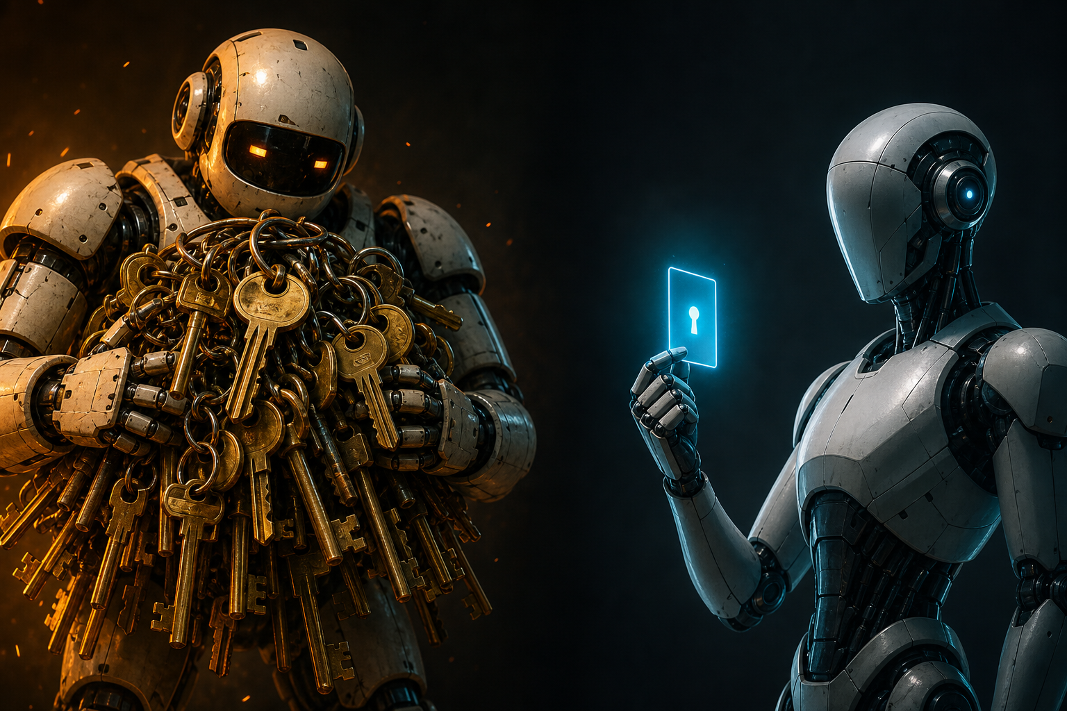 An over-privileged agent holding a full keyring versus a scoped agent holding a single labeled keycard. The confused deputy problem: an agent with broad credentials will act on any request that reaches it, including ones the requester could never perform directly. Least privilege scopes the keycard to the job.
