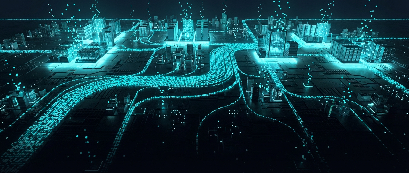 Aerial view of a glowing digital ecosystem network — data flowing between interconnected technology hubs