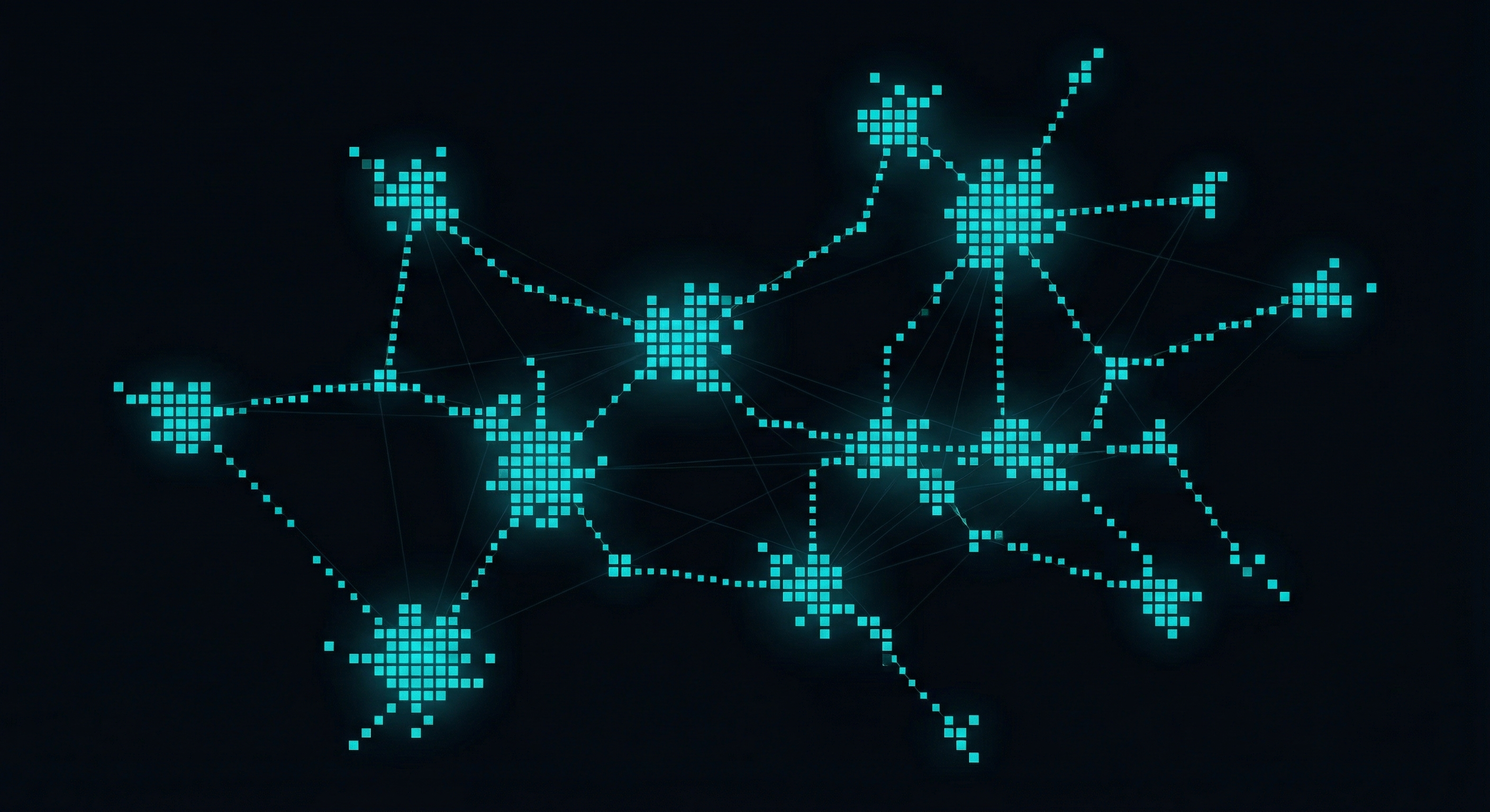 Pixel-art network pattern in cyan, evoking a multi-environment runtime mesh.