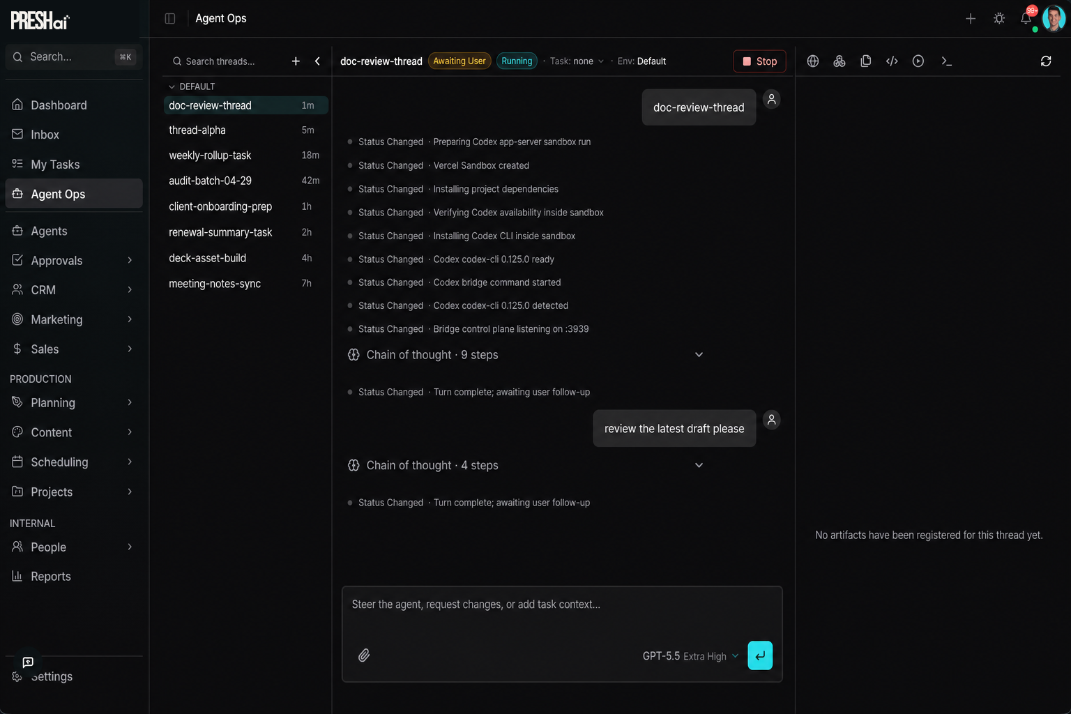 PRESHos Agent Ops view: thread list on the left, the active thread's chain-of-thought timeline in the center with status events and collapsible reasoning steps, and a sandbox preview panel on the right.