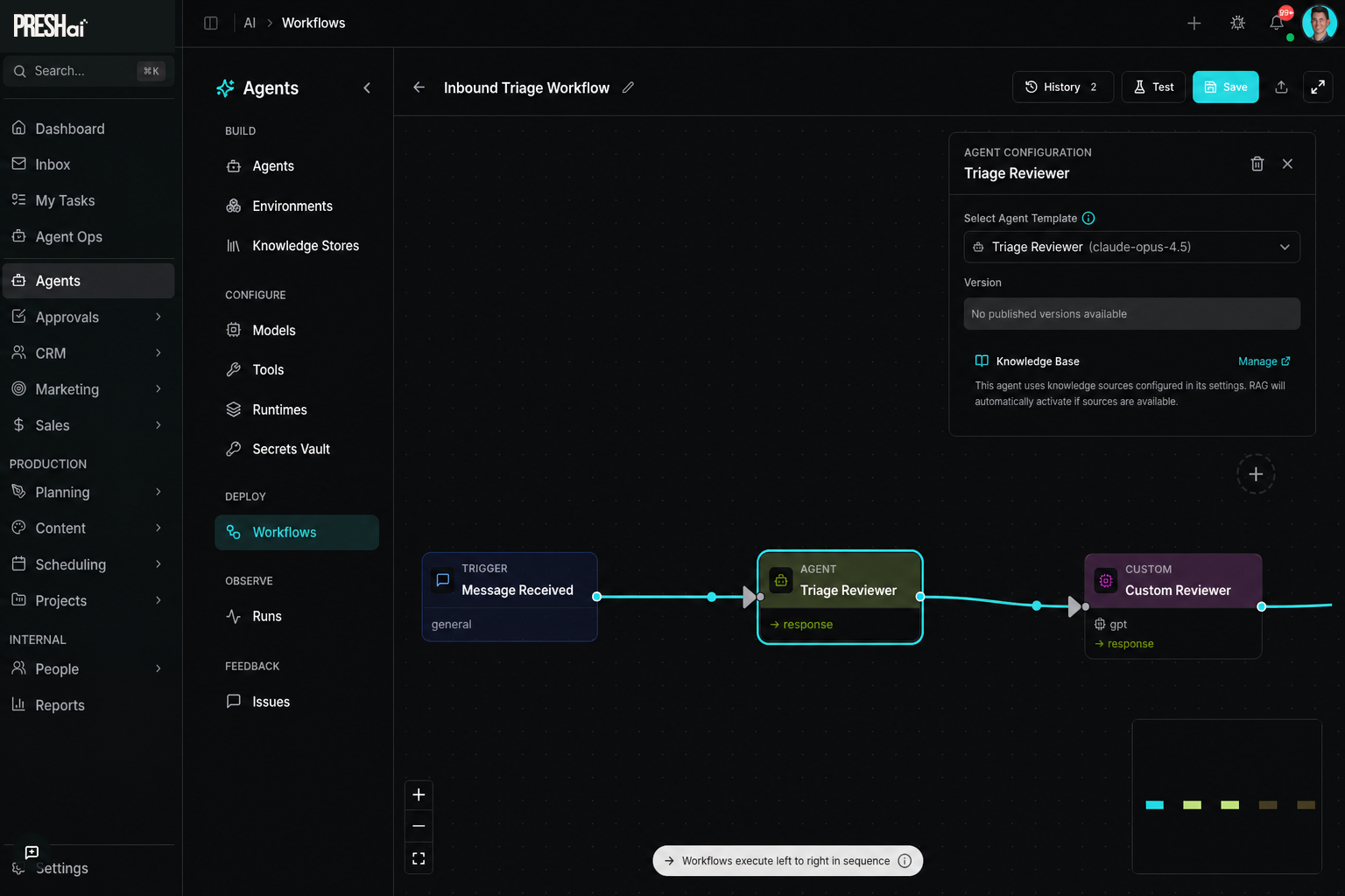 PRESHos Workflows builder: a visual canvas showing the workflow nodes connected left to right (Trigger, Agent, Custom Reviewer) with cyan connecting lines, plus an Agent Configuration panel on the right.