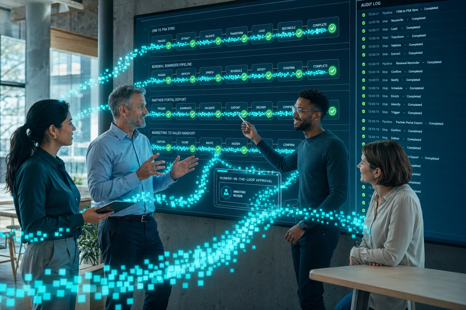 A team of operations leaders gathered in front of a wall display showing multiple automation pipelines all running green, with cyan pixel data ribbons cascading through every workflow path and drifting into the room around the team.